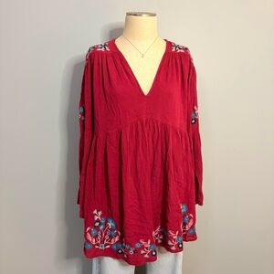 Free People Floral Embroidered Red V-Neck Flowy Blouse